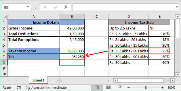 Income tax calculating formula in Excel