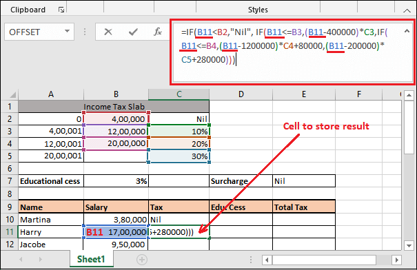 Income tax calculating formula in Excel