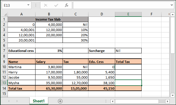 Income tax calculating formula in Excel