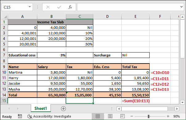 Income tax calculating formula in Excel