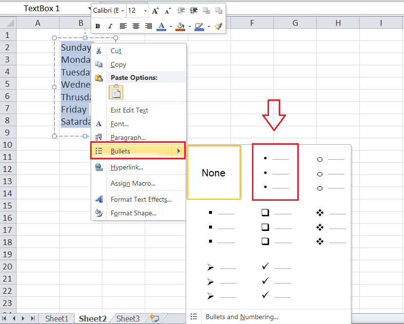 Insert Bullets in Excel