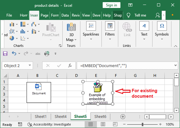 Insert object in Excel