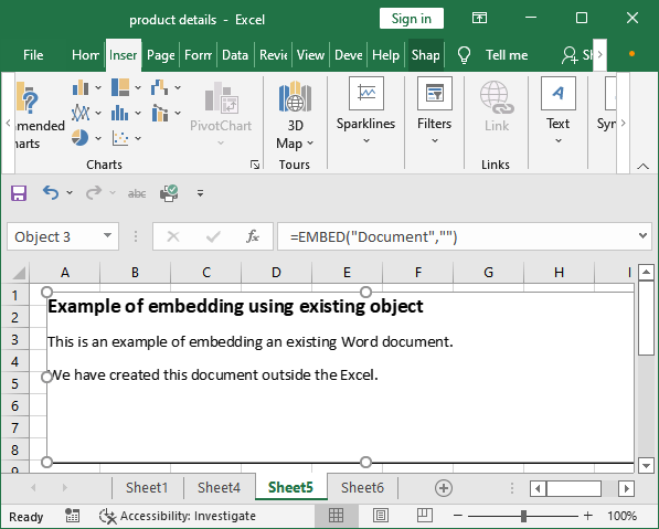 Insert object in Excel