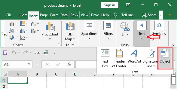 Insert object in Excel