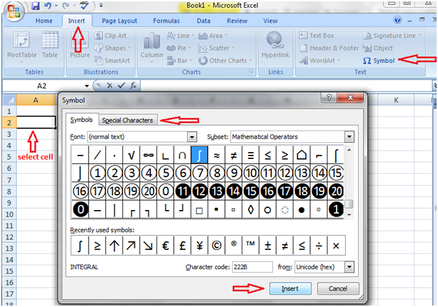 How to insert symbols and special characters in Excel