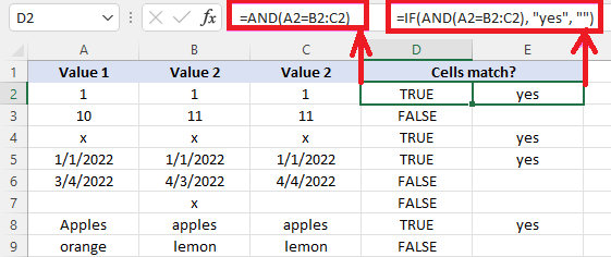Microsoft Excel: if match formula to check whether two or multiple cells are equal