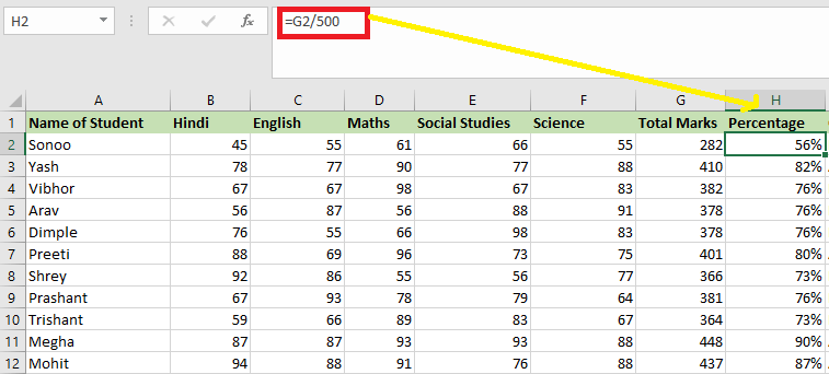 MS Excel Grade Formula