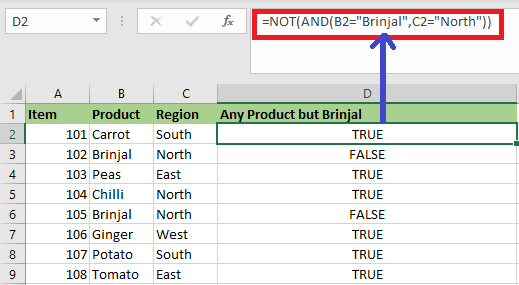 NOT Function in Excel