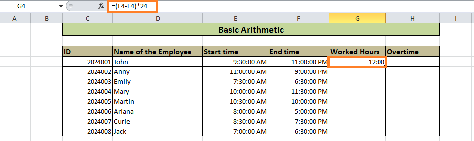 Overtime Calculation in Excel Over Eight Hours
