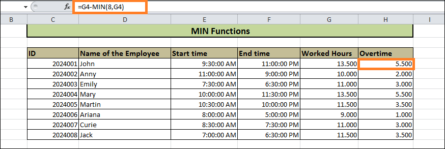 Overtime Calculation in Excel Over Eight Hours