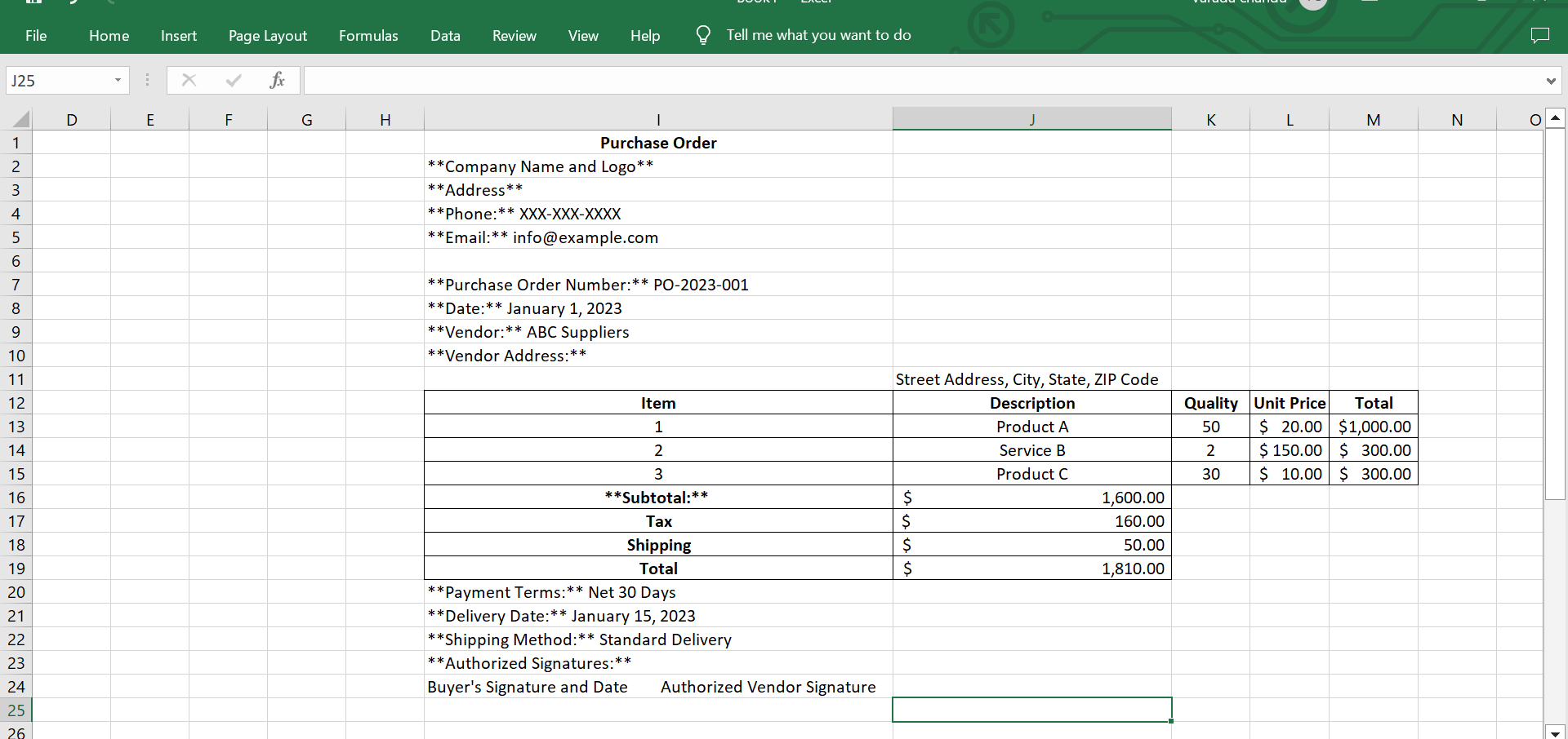 Purchase Order format in Excel