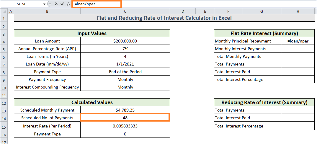 Reducing Rate of Interest Calculator with Flat in Excel