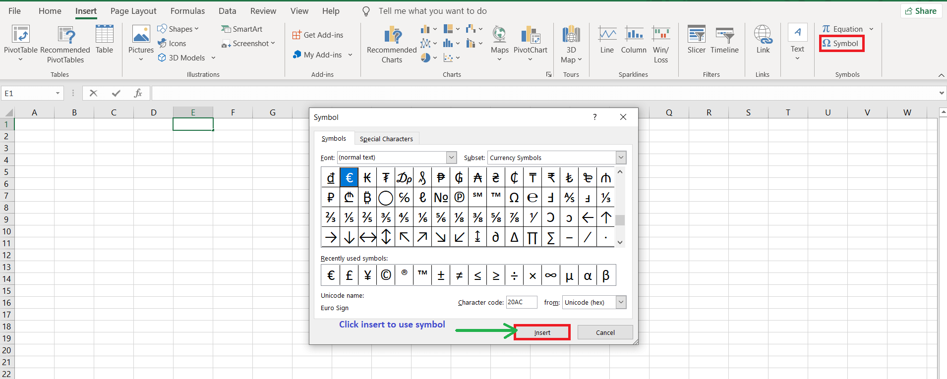 Special Symbols in Excel - javatpoint