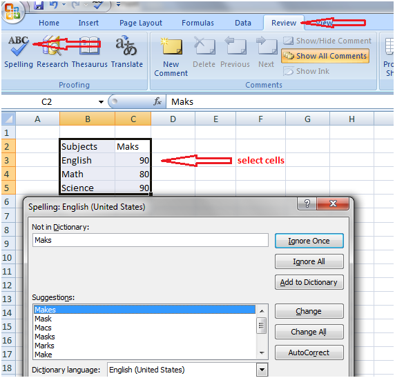 How to use spell check in Excel