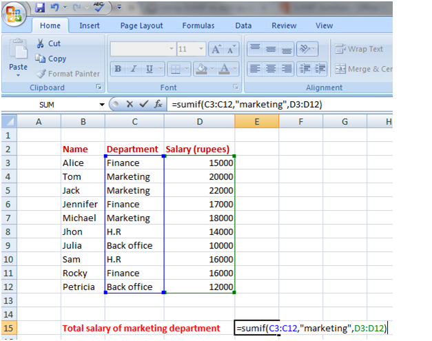 sumif function in Excel 1