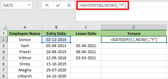 Tenure Formula in Excel