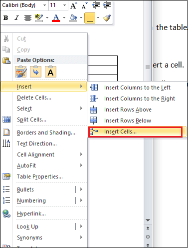 create text box in word row column