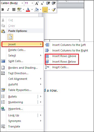 insert new header row in word table