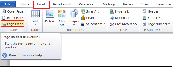 keyboard shortcut to insert page break in word