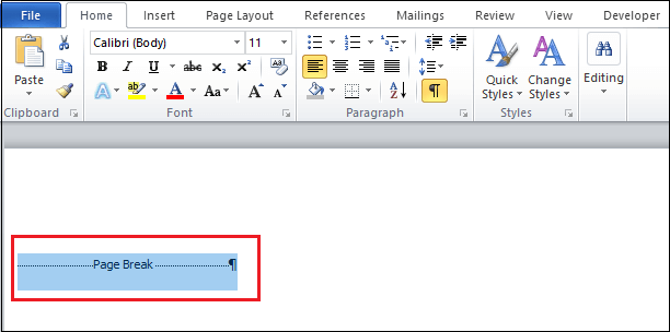 hot key for page break in word mac