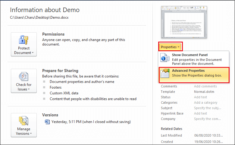 update document properties word 2013