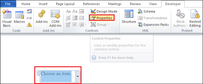 How to create a drop-down menu in Word document