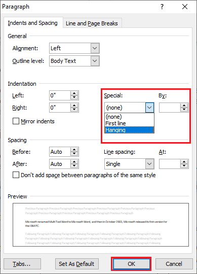 create a 0.5 first line indent in word