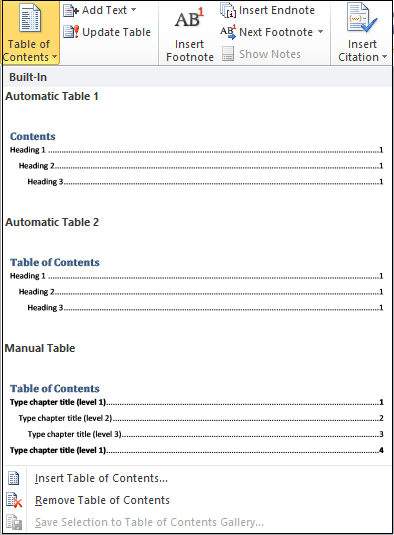 Frill further wall How to create a Table of Contents in Word - javatpoint