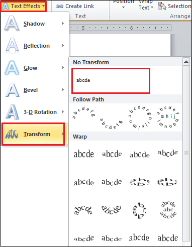 Curved text is ms word search