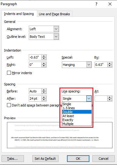 microsoft word double space