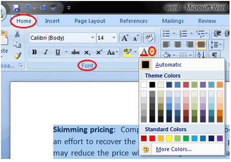 word how to change only selected text color