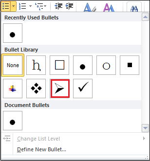 control command for bullet point in word