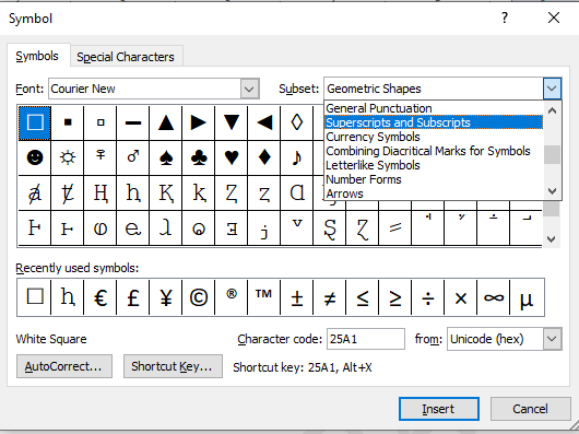 shortcut key for subscript and superscript in word 2007