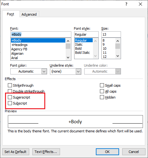 How to insert Subscript and Superscript in Word