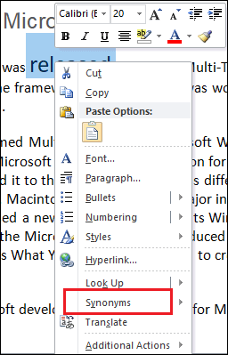 How to use a Thesaurus in Word document