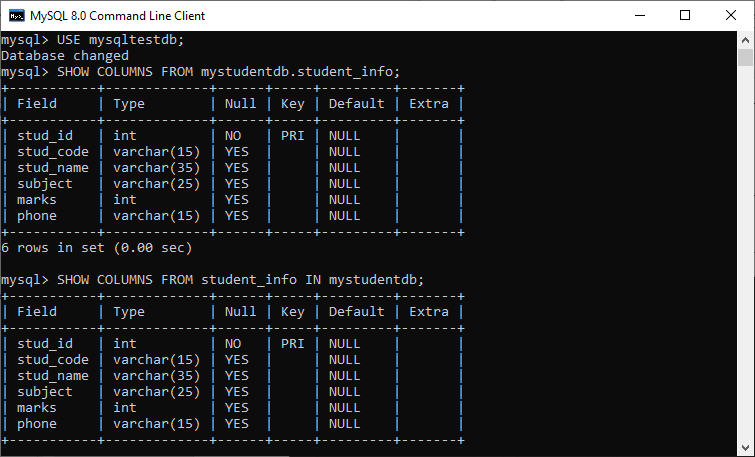 mysql show databases cli