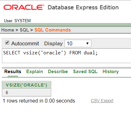 Oracle String VSIZE() Function