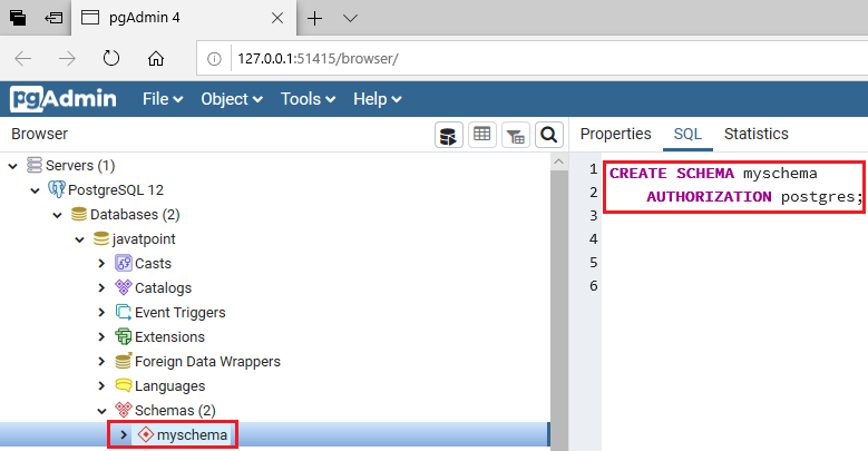 PostgreSQL Create Schema Javatpoint