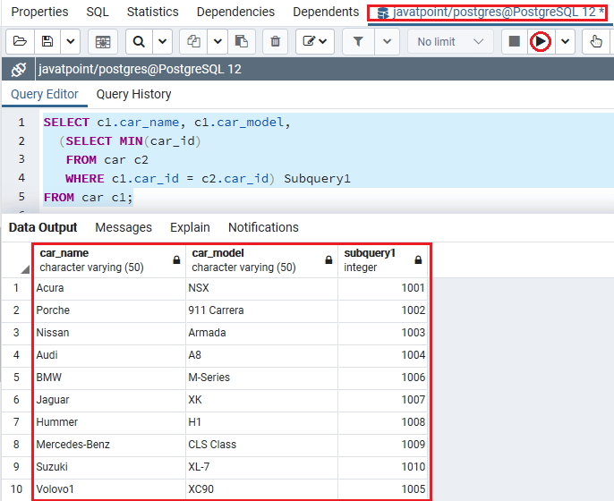 PostgreSQL Subquery Javatpoint