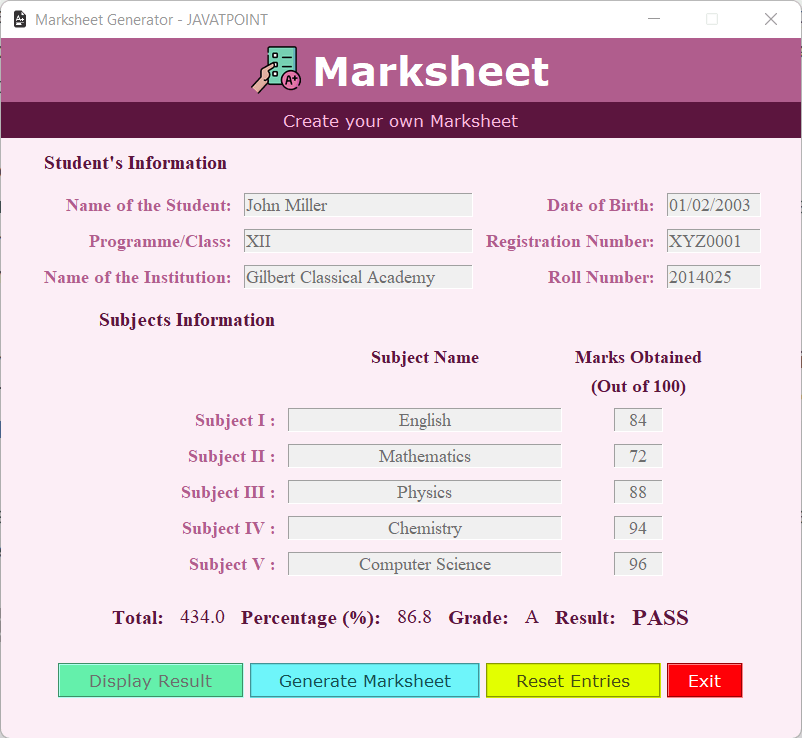 Creating the GUI Marksheet using Tkinter in Python