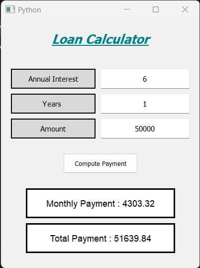 Loan Calculator using PyQt5 in Python