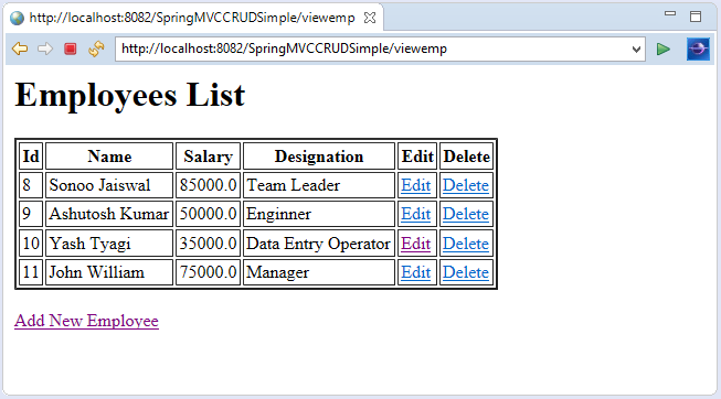 Spring MVC CRUD Example Javatpoint