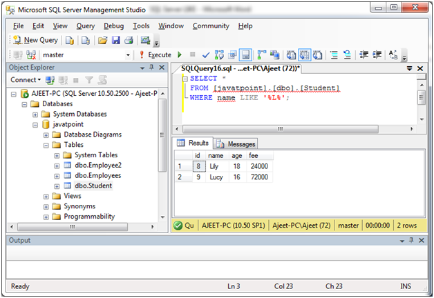 Sql Server Like Operator Javatpoint