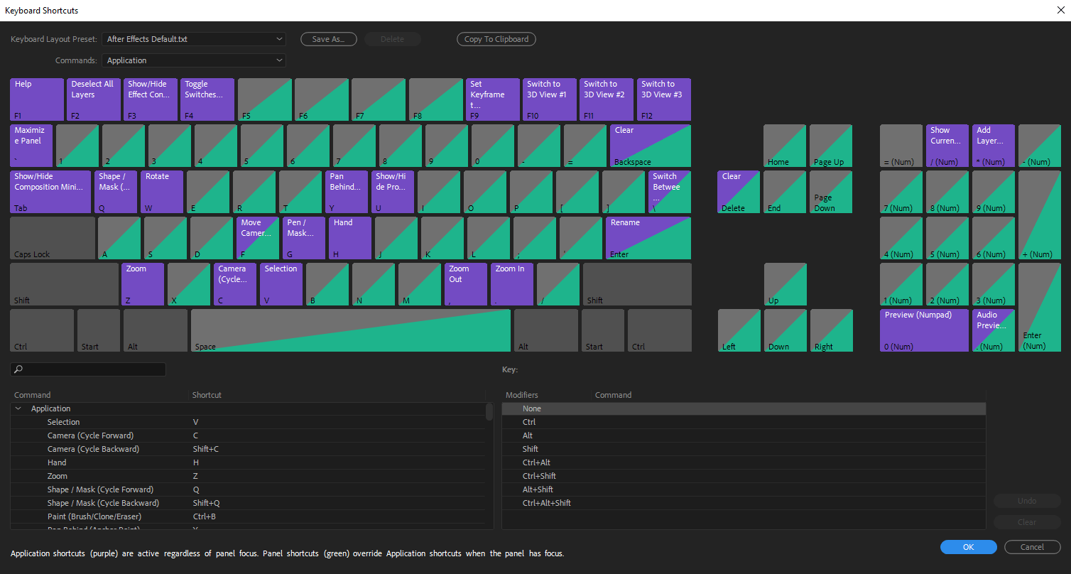 Keyboard shortcuts in After Effects