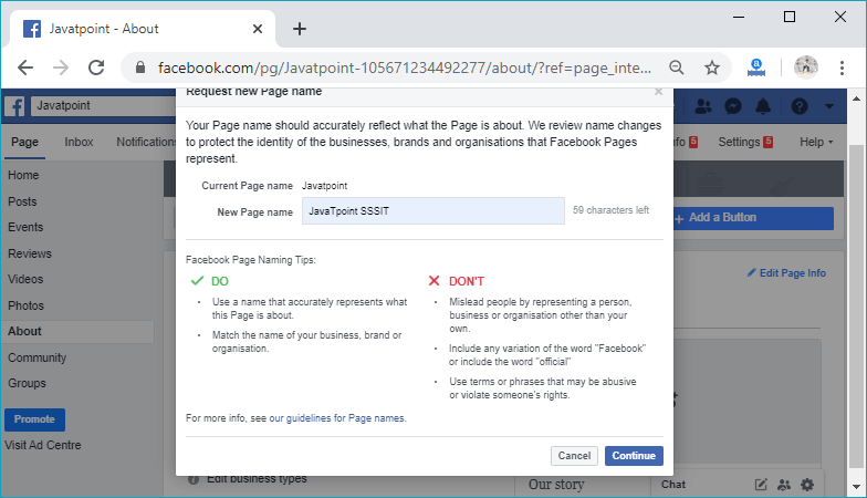 How to change the Facebook page name