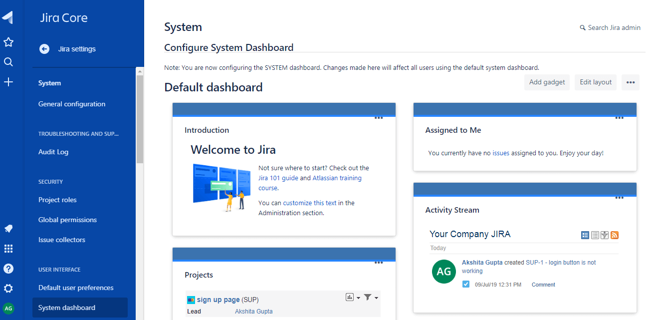 System Dashboard - Jira