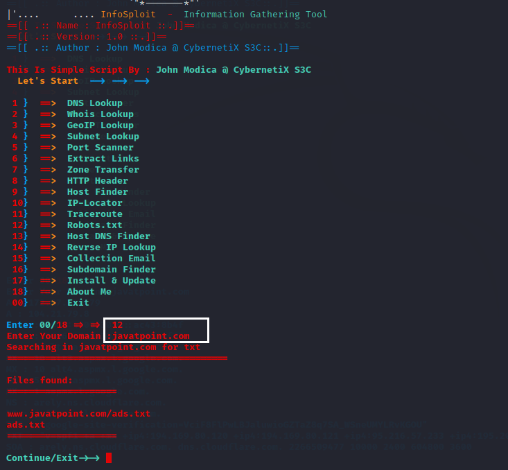 InfoSploit-Information Gathering Tool in Kali Linux