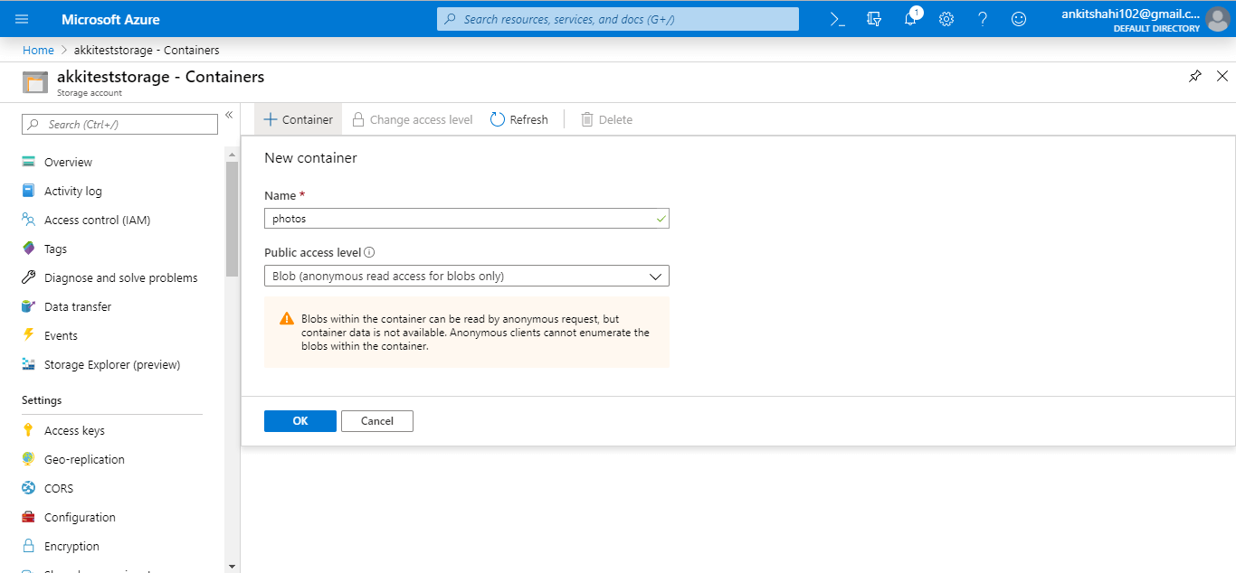 Creating a container and adding a blob to the container