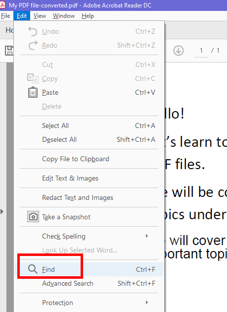 Search for a word in PDF