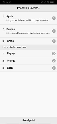 List view in PhoneGap